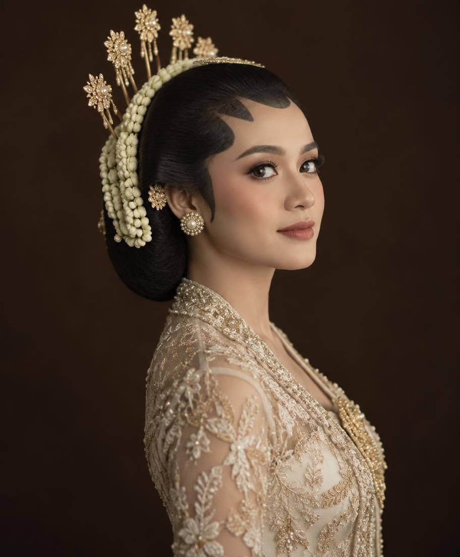 Potret pengantin wanita adat Jawa dengan sanggul dan melati